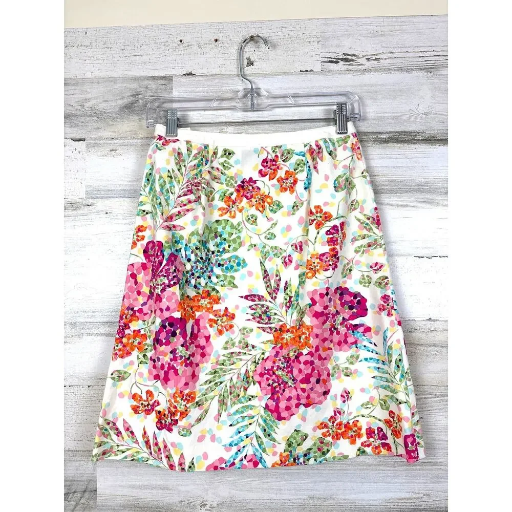 Talbots Womens 4 Petite White Pink Floral Pocket Tropical Stretch Mini Skirt NEW